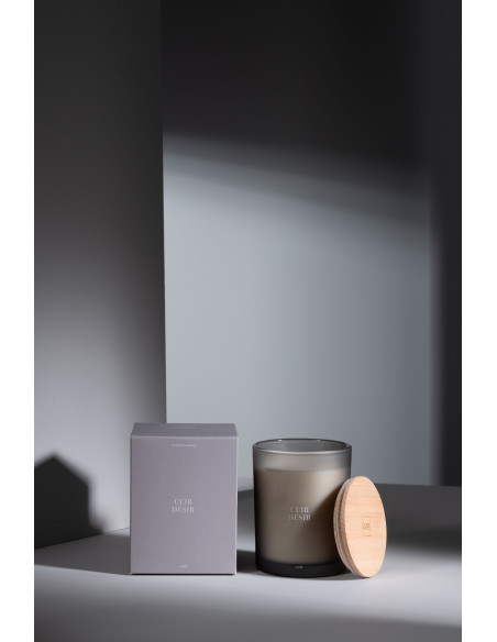 Bougie parfumée longue durée Mélange boisé Cuir Désir 52 H Verre Beige Cire Accord Essentiels 