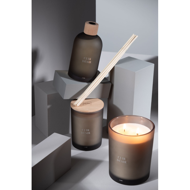 Bougie parfumée Mélange boisé Cuir Désir 38 H Verre Beige Cire Accord Essentiels 