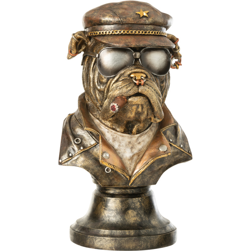 Statuette déco vintage Buste Bulldog Cigare H 36 cm Résine Marron Vieilli Streetdog 
