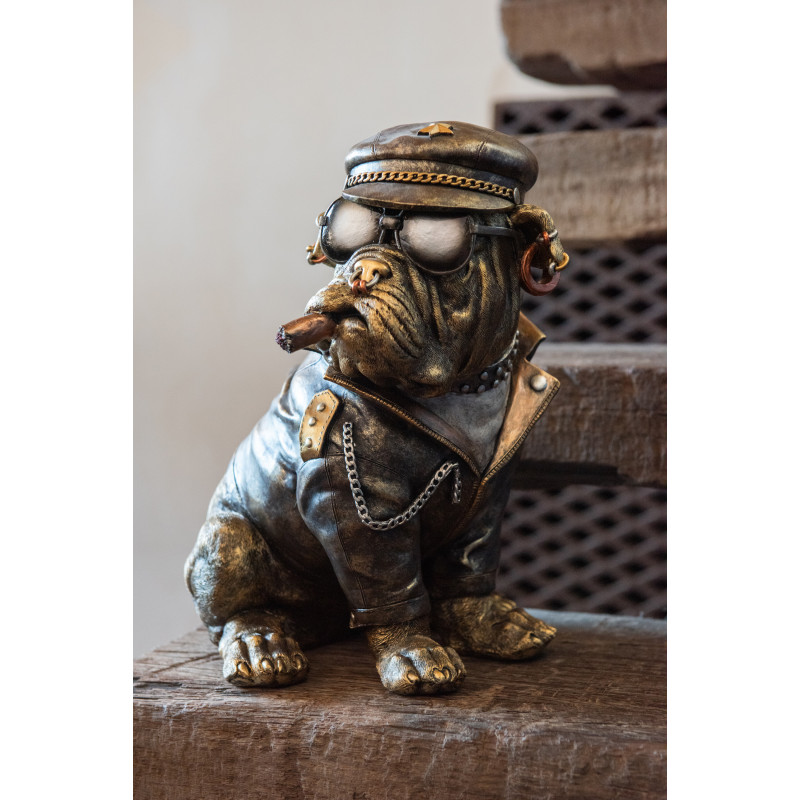 Statuette déco vintage Bulldog Cigare H 33 cm Résine Marron Vieilli Streetdog 
