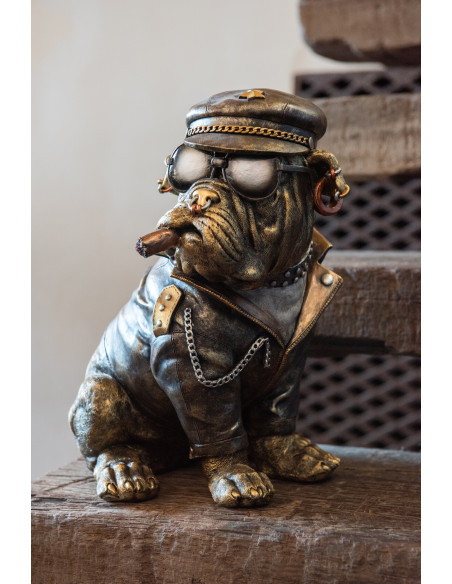 Statuette déco vintage Bulldog Cigare H 33 cm Résine Marron Vieilli Streetdog 