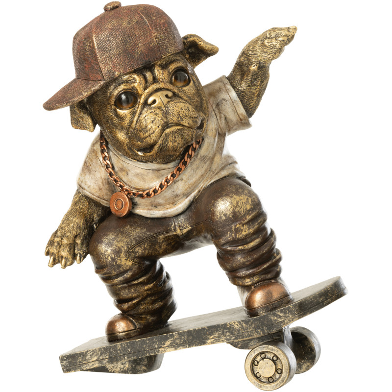 Statuette déco vintage Bulldog Skateboard H 25 cm Résine Marron Vieilli Streetdog 