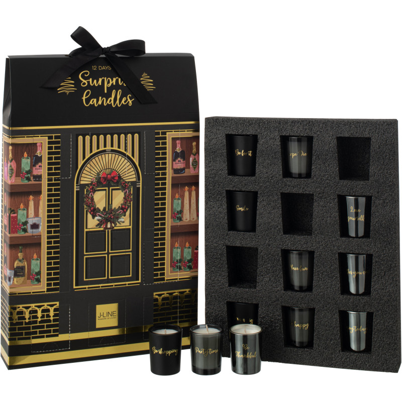Lot de 12 bougies Parfums surprises 7 H Verre Noir Cire Surprise Window 