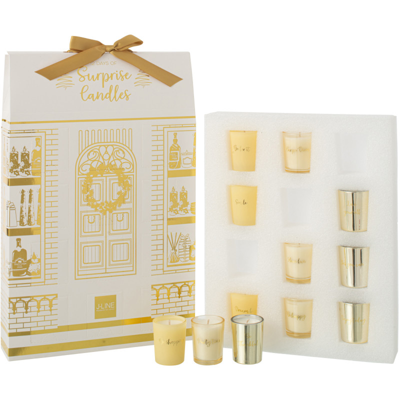 Lot de 12 bougies Parfums surprises 7 H Verre Doré Cire Surprise Window 