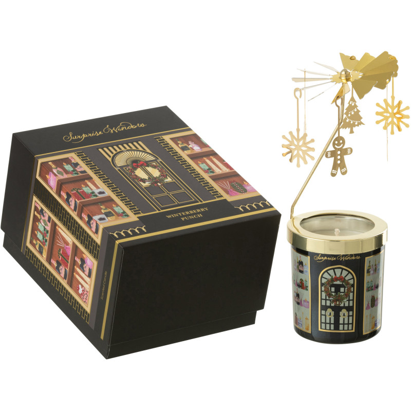 Bougie parfumée Carrousel rotatif Mélange fruité Winterberry Punch 35 H Verre Noir Métal Doré Cire Surprise Window 