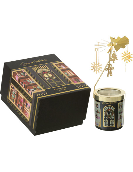 Bougie parfumée Carrousel rotatif Mélange fruité Winterberry Punch 35 H Verre Noir Métal Doré Cire Surprise Window 