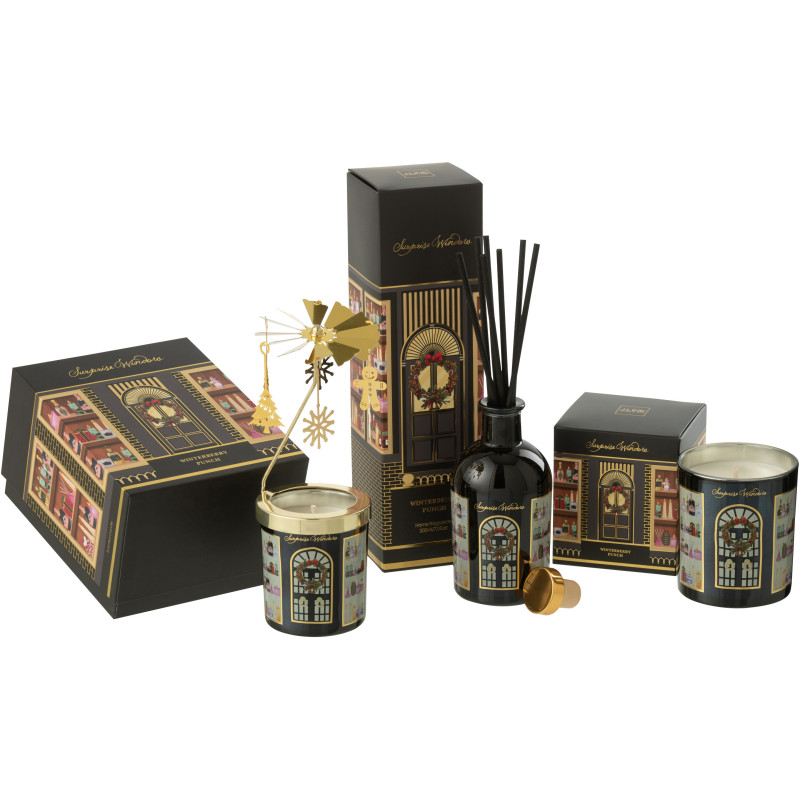 Bougie parfumée Carrousel rotatif Mélange fruité Winterberry Punch 35 H Verre Noir Métal Doré Cire Surprise Window 