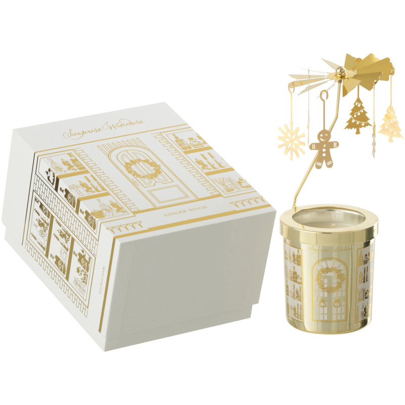 Bougie parfumée Carrousel rotatif Mélange boisé Ginger Wood 35 H Verre Métal Doré Cire Surprise Window 