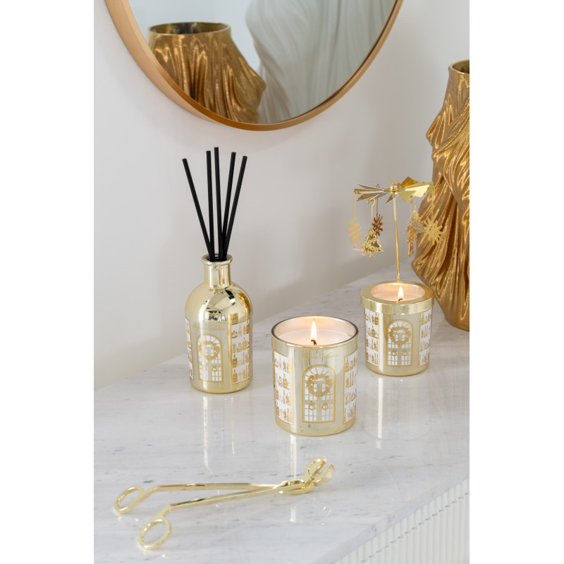 Bougie parfumée Carrousel rotatif Mélange boisé Ginger Wood 35 H Verre Métal Doré Cire Surprise Window 