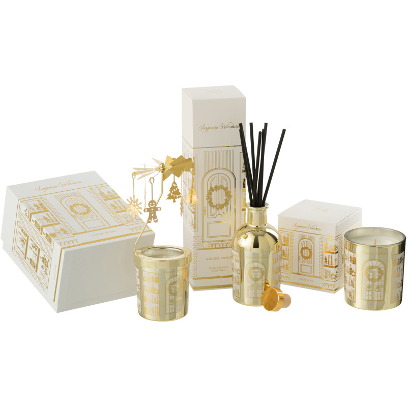 Bougie parfumée Carrousel rotatif Mélange boisé Ginger Wood 35 H Verre Métal Doré Cire Surprise Window 