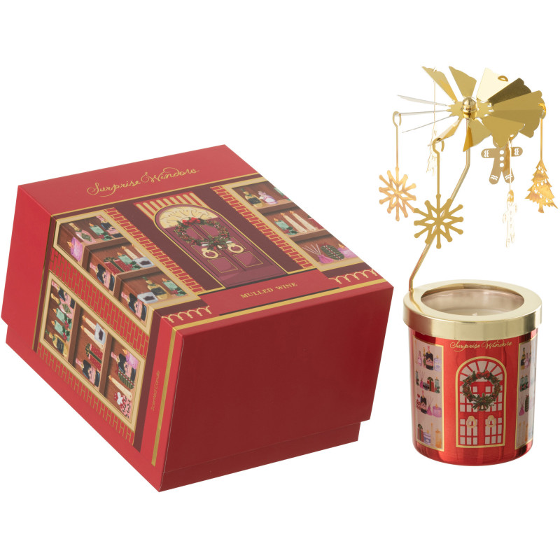 Bougie parfumée Carrousel rotatif Mélange fruité Mulled Wine 25 H Verre Rouge Métal Doré Cire Surprise Window 