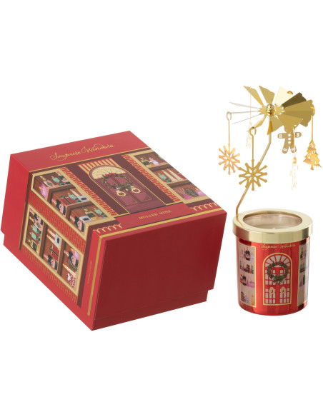 Bougie parfumée Carrousel rotatif Mélange fruité Mulled Wine 25 H Verre Rouge Métal Doré Cire Surprise Window 