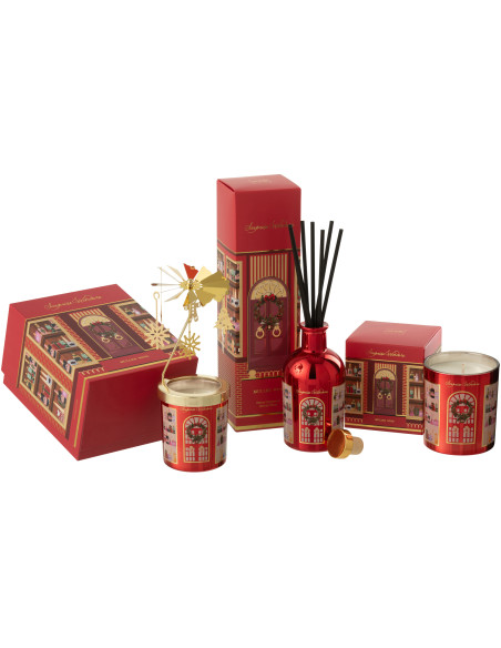 Bougie parfumée Carrousel rotatif Mélange fruité Mulled Wine 25 H Verre Rouge Métal Doré Cire Surprise Window 