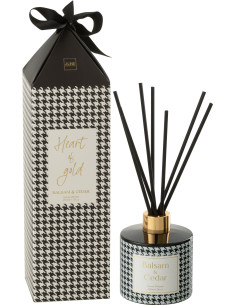 Diffuseur de parfum à bâtonnets Mélange boisé Balsam & Cedar 200 ml Verre Noir Blanc Motif pied de poule Cire Heart Of Gold 