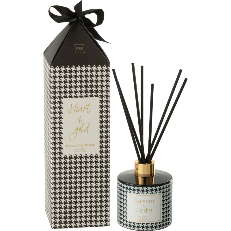 Diffuseur de parfum à bâtonnets Mélange boisé Balsam & Cedar 200 ml Verre Noir Blanc Motif pied de poule Cire Heart Of Gold 