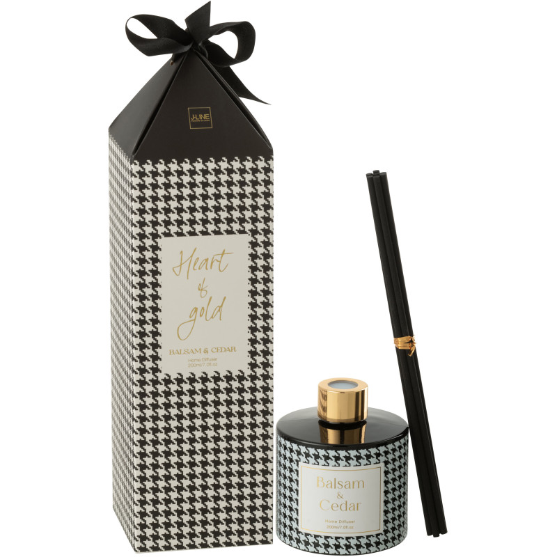 Diffuseur de parfum à bâtonnets Mélange boisé Balsam & Cedar 200 ml Verre Noir Blanc Motif pied de poule Cire Heart Of Gold 
