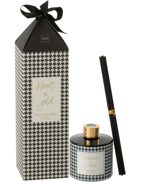 Diffuseur de parfum à bâtonnets Mélange boisé Balsam & Cedar 200 ml Verre Noir Blanc Motif pied de poule Cire Heart Of Gold 