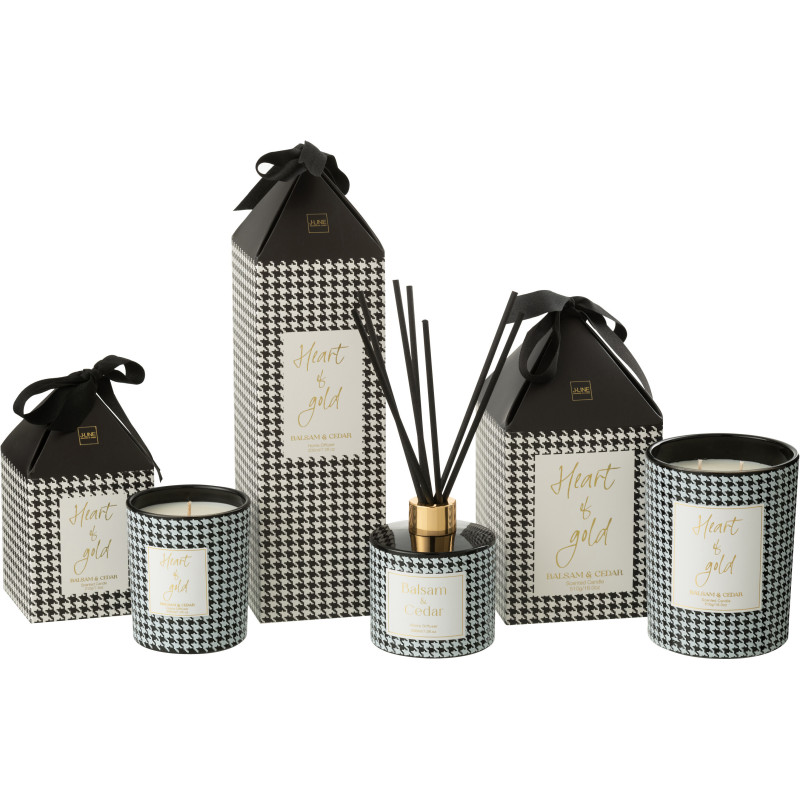 Diffuseur de parfum à bâtonnets Mélange boisé Balsam & Cedar 200 ml Verre Noir Blanc Motif pied de poule Cire Heart Of Gold 