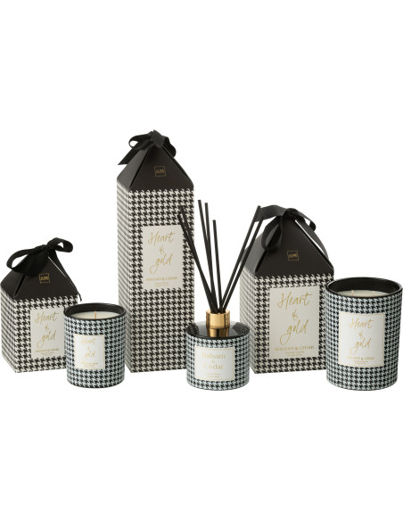 Diffuseur de parfum à bâtonnets Mélange boisé Balsam & Cedar 200 ml Verre Noir Blanc Motif pied de poule Cire Heart Of Gold 