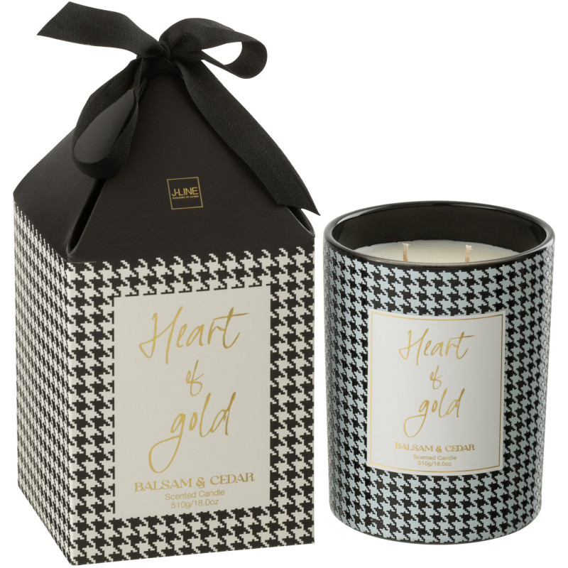 Bougie parfumée longue durée Mélange boisé Balsam & Cedar 55 H Verre Noir Blanc Motif pied de poule Cire Heart Of Gold 