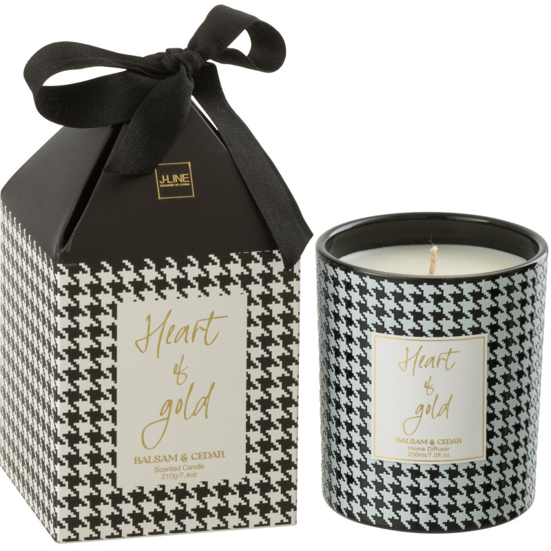 Bougie parfumée Mélange boisé Balsam & Cedar 36 H Verre Noir Blanc Motif pied de poule Cire Heart Of Gold 