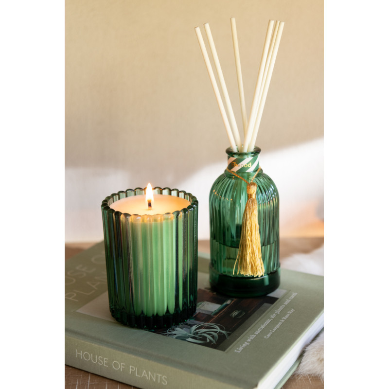 Bougie parfumée Mélange boisé Elwood 38 H Verre Vert Cire Magic 