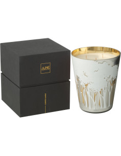 Grande Bougie parfumée extra longue durée Ayra 95 H Verre Blanc Doré Motif forêt Soja Noa 