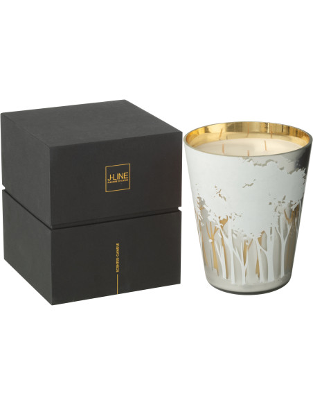 Grande Bougie parfumée extra longue durée Ayra 95 H Verre Blanc Doré Motif forêt Soja Noa 