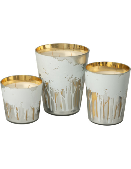 Grande Bougie parfumée extra longue durée Ayra 95 H Verre Blanc Doré Motif forêt Soja Noa 