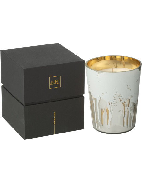 Bougie parfumée longue durée Ayra 68 H Verre Blanc Doré Motif forêt Soja Noa 