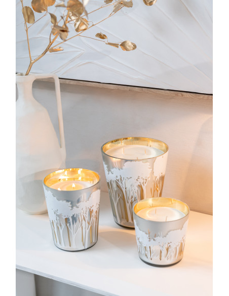 Bougie parfumée longue durée Ayra 50 H Verre Blanc Doré Motif forêt Soja Noa 