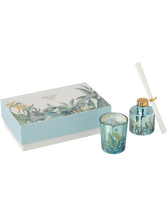Coffret cadeau Bougie parfumé & Diffuseur à bâtonnets Mélange boisé Woody Blush 15 H 50 ml Verre Bleu Motif fleurs Cire Walk In 