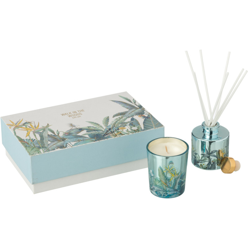 Coffret cadeau Bougie parfumé & Diffuseur à bâtonnets Mélange boisé Woody Blush 15 H 50 ml Verre Bleu Motif fleurs Cire Walk In 