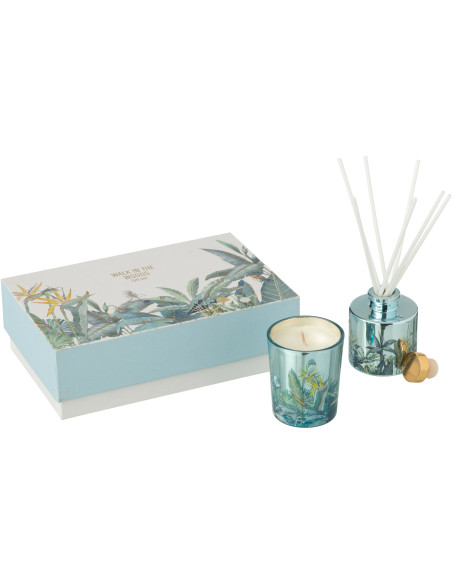 Coffret cadeau Bougie parfumé & Diffuseur à bâtonnets Mélange boisé Woody Blush 15 H 50 ml Verre Bleu Motif fleurs Cire Walk In 