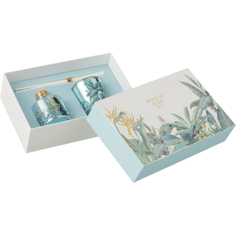 Coffret cadeau Bougie parfumé & Diffuseur à bâtonnets Mélange boisé Woody Blush 15 H 50 ml Verre Bleu Motif fleurs Cire Walk In 