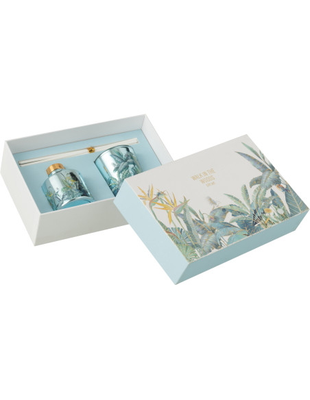 Coffret cadeau Bougie parfumé & Diffuseur à bâtonnets Mélange boisé Woody Blush 15 H 50 ml Verre Bleu Motif fleurs Cire Walk In 