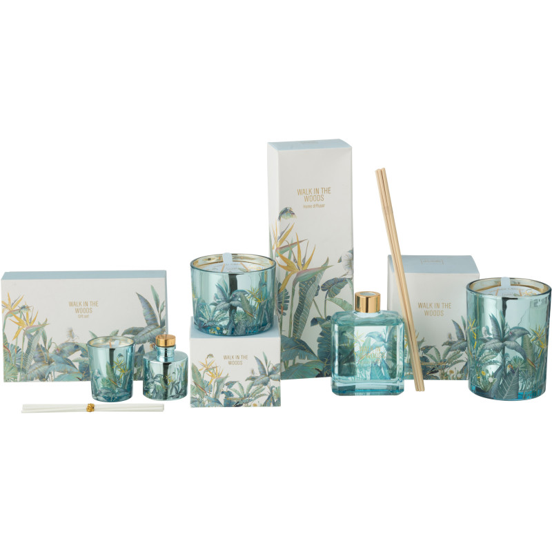 Coffret cadeau Bougie parfumé & Diffuseur à bâtonnets Mélange boisé Woody Blush 15 H 50 ml Verre Bleu Motif fleurs Cire Walk In 