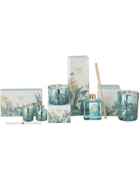 Coffret cadeau Bougie parfumé & Diffuseur à bâtonnets Mélange boisé Woody Blush 15 H 50 ml Verre Bleu Motif fleurs Cire Walk In 