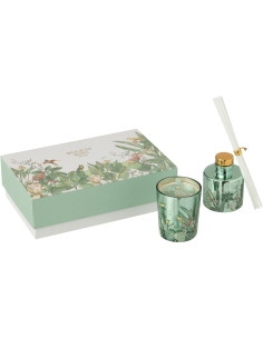 Coffret cadeau Bougie parfumé & Diffuseur à bâtonnets Mélange aromatique Evergreen & Silver Birch 15 H 50 ml Verre Vert Motif fl