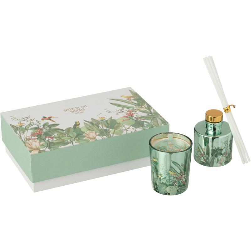 Coffret cadeau Bougie parfumé & Diffuseur à bâtonnets Mélange aromatique Evergreen & Silver Birch 15 H 50 ml Verre Vert Motif fl