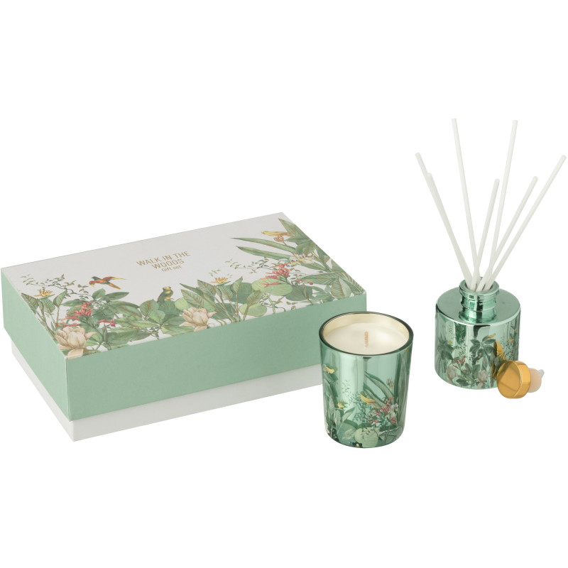 Coffret cadeau Bougie parfumé & Diffuseur à bâtonnets Mélange aromatique Evergreen & Silver Birch 15 H 50 ml Verre Vert Motif fl