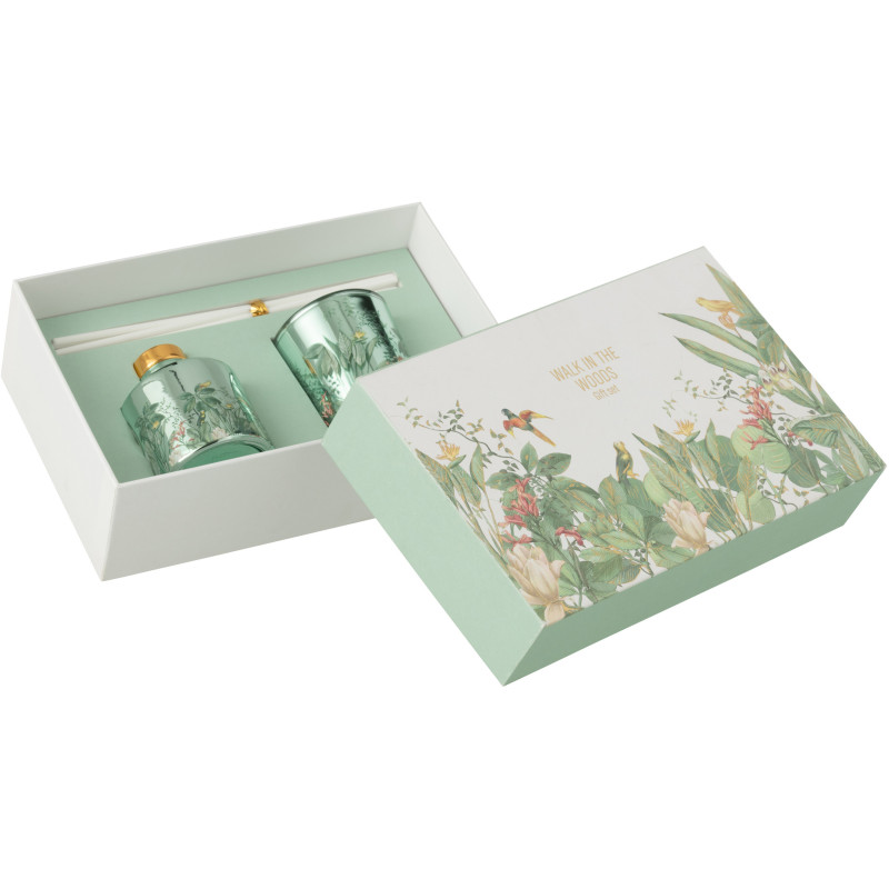 Coffret cadeau Bougie parfumé & Diffuseur à bâtonnets Mélange aromatique Evergreen & Silver Birch 15 H 50 ml Verre Vert Motif fl