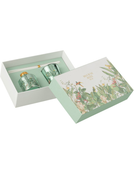 Coffret cadeau Bougie parfumé & Diffuseur à bâtonnets Mélange aromatique Evergreen & Silver Birch 15 H 50 ml Verre Vert Motif fl
