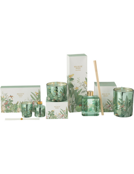Coffret cadeau Bougie parfumé & Diffuseur à bâtonnets Mélange aromatique Evergreen & Silver Birch 15 H 50 ml Verre Vert Motif fl