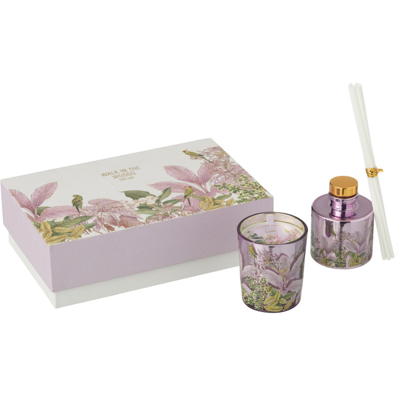 Coffret cadeau Bougie parfumé & Diffuseur à bâtonnets Mélange floral Mimosa & Rose 15 H 50 ml Verre Rose Motif fleurs Cire Walk 