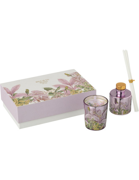 Coffret cadeau Bougie parfumé & Diffuseur à bâtonnets Mélange floral Mimosa & Rose 15 H 50 ml Verre Rose Motif fleurs Cire Walk 