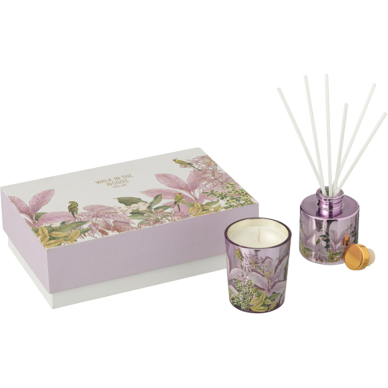 Coffret cadeau Bougie parfumé & Diffuseur à bâtonnets Mélange floral Mimosa & Rose 15 H 50 ml Verre Rose Motif fleurs Cire Walk 