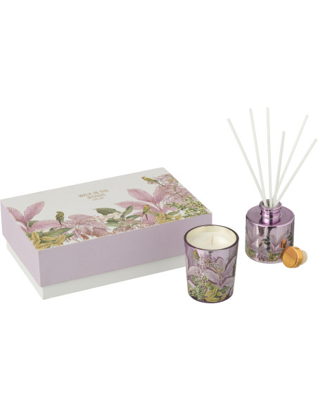 Coffret cadeau Bougie parfumé & Diffuseur à bâtonnets Mélange floral Mimosa & Rose 15 H 50 ml Verre Rose Motif fleurs Cire Walk 