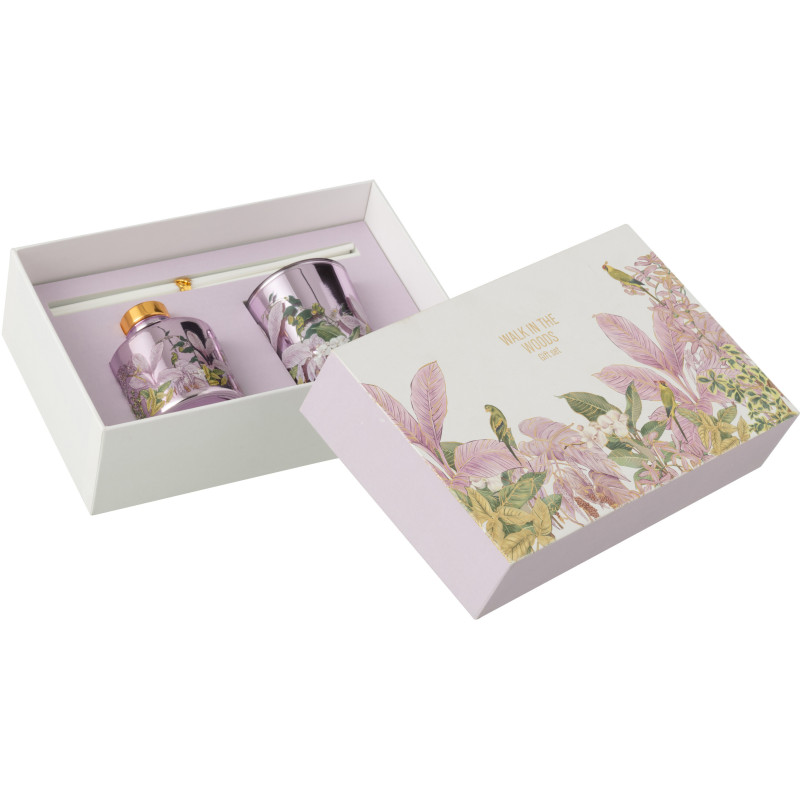 Coffret cadeau Bougie parfumé & Diffuseur à bâtonnets Mélange floral Mimosa & Rose 15 H 50 ml Verre Rose Motif fleurs Cire Walk 