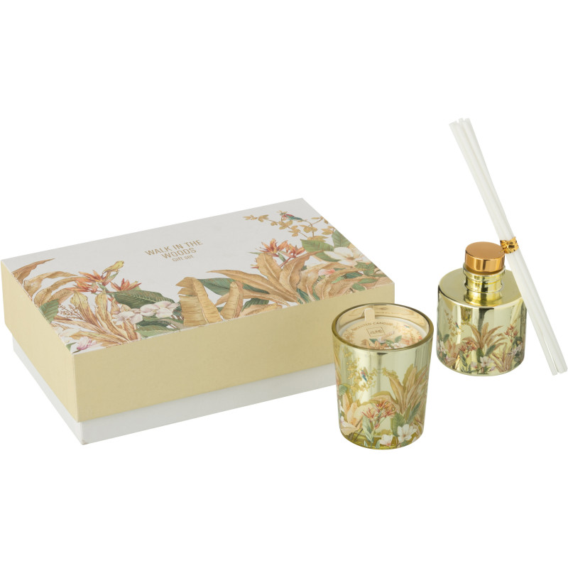 Coffret cadeau Bougie parfumé & Diffuseur à bâtonnets Mélange agrume Bergamot Fig 15 H 50 ml Verre Jaune Motif fleurs Cire Walk 